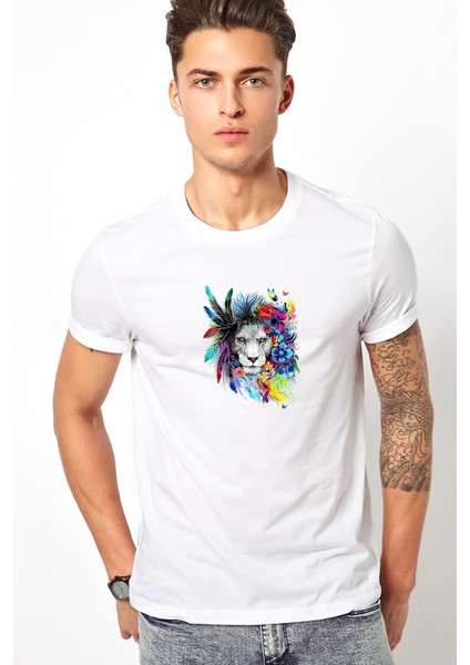Aslan Sanat Çizim Poster Boyama Aslan Baskılı Beyaz Erkek Örme Tshirt