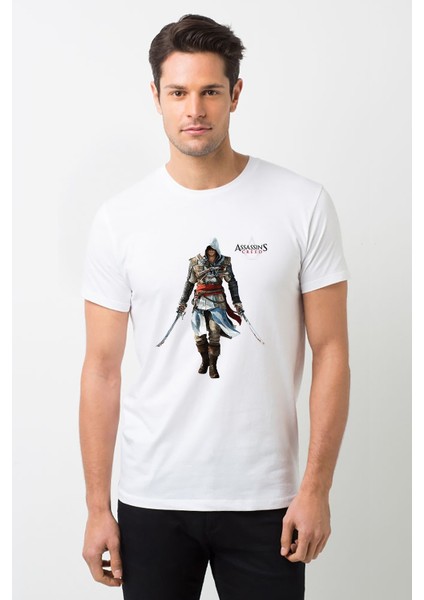 Assassins Creed Iv Black Flag Baskılı Beyaz Erkek Örme Tshirt
