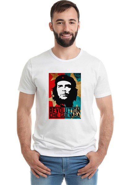 Che Guevara Revolution Baskılı Beyaz Erkek Örme Tshirt