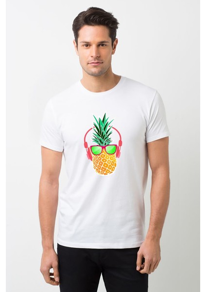 Ananas Retro Gözlük Baskılı Beyaz Erkek Örme Tshirt