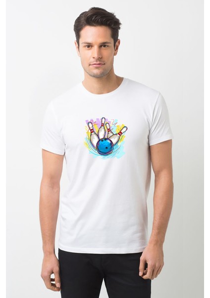Bowling Topu Baskılı Beyaz Erkek Örme Tshirt