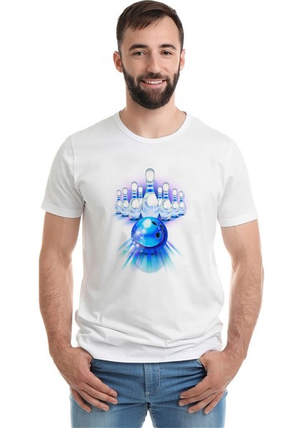 Bowling Topu Baskılı Beyaz Erkek Örme Tshirt