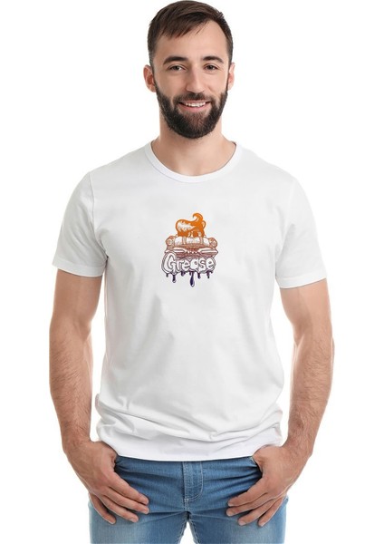 Grease Baskılı Beyaz Erkek Örme Tshirt
