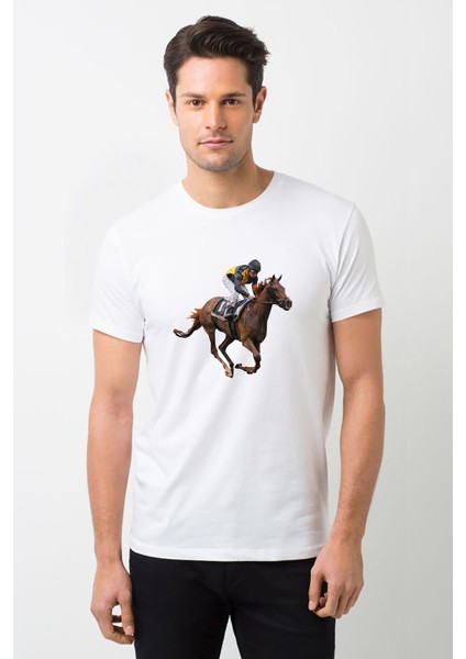 At Yarışı Jokey Baskılı Beyaz Erkek Örme Tshirt