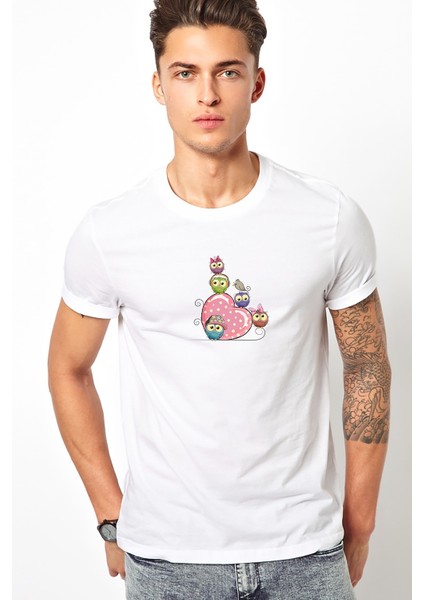 Baykuş Karikatür Çizimi Illüstrasyon Pembe Kalpler Baskılı Beyaz Erkek Örme Tshirt T-Shirt Tişört T
