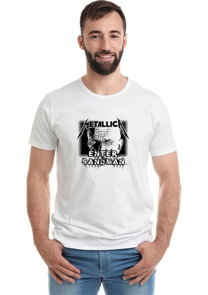 Metallica Enter Sandman Baskılı Beyaz Erkek Örme Tshirt