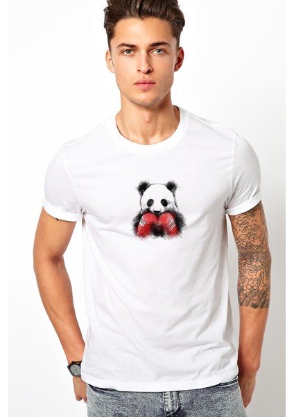 Panda Boks Baskılı Beyaz Erkek Örme Tshirt