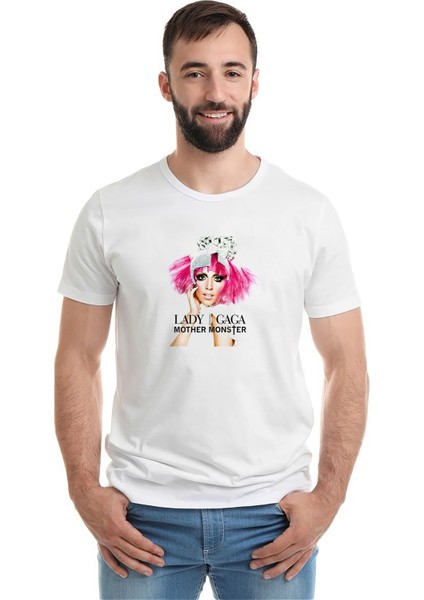 Lady Gaga Mother Monster Baskılı Beyaz Erkek Örme Tshirt