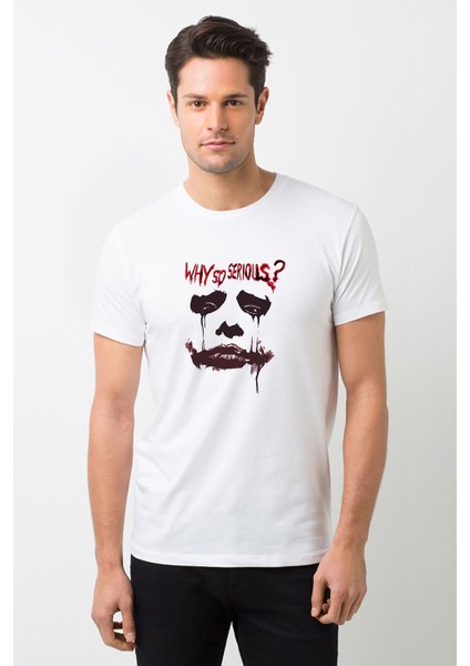Joker Why S0 Serıous Baskılı Beyaz Erkek Örme Tshirt