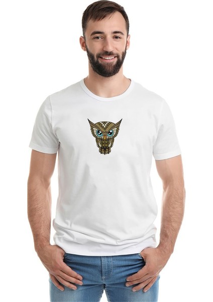 Owl Kuş Baskılı Beyaz Erkek Örme Tshirt