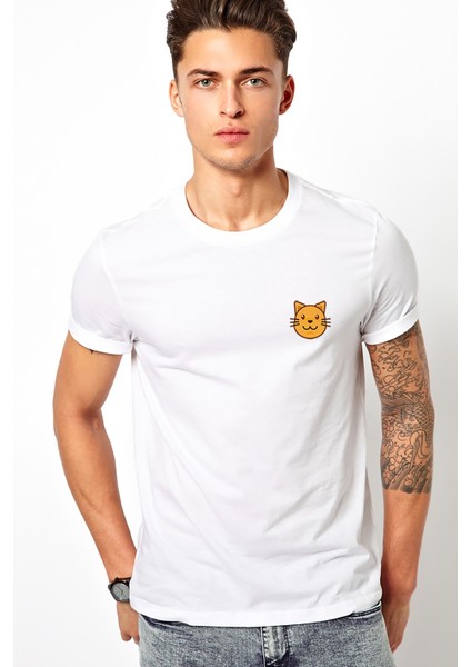 Cat Emoji Heart Smile Baskılı Beyaz Erkek Örme Tshirt