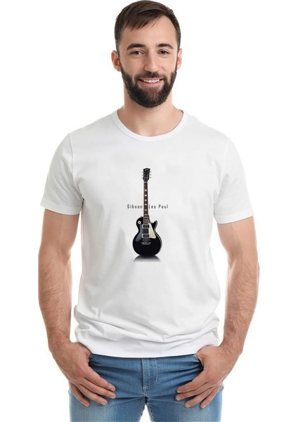 Gibson Les Paul Wallpaper Slash Metal Baskılı Beyaz Erkek Örme Tshirt