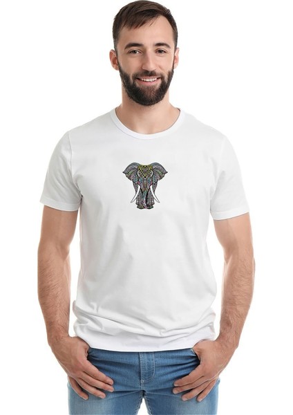 Line Art Elephant Baskılı Beyaz Erkek Örme Tshirt
