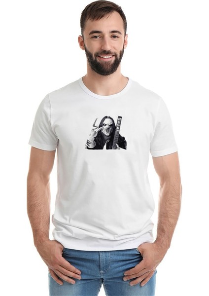 Slipknot Mıck Thomson Silüet Metal Rock Baskılı Beyaz Erkek Örme Tshirt