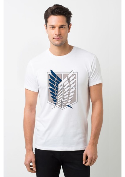 Attack On Titan Amblem Logo Baskılı Beyaz Erkek Örme Tshirt
