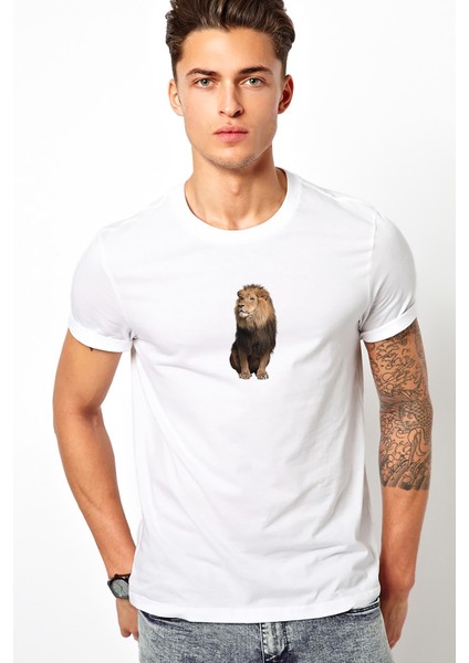 Deniz Aslanı Leopard Jaguar Felidae Aslanlar Baskılı Beyaz Erkek Örme Tshirt
