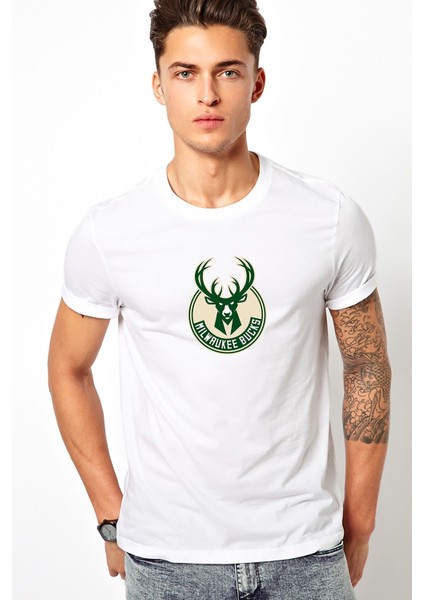 Milwaukee Bucks Logo Baskılı Beyaz Erkek Örme Tshirt