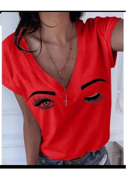 Viskon Kumaş Göz Detay Kırmızı Renk Bluz