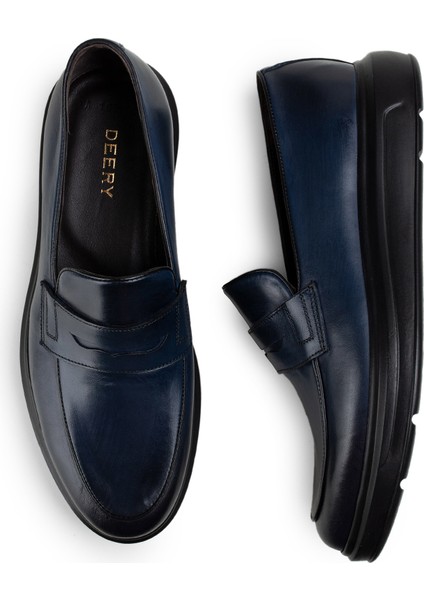 Hakiki Deri Mavi Loafer Erkek Ayakkabı fırsatları