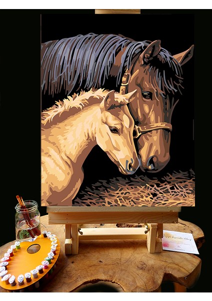 N1158 - Numaralı Boyama Seti - 40 x 50 cm Kasnağa Gerili Ürün - At ve Yavrusu