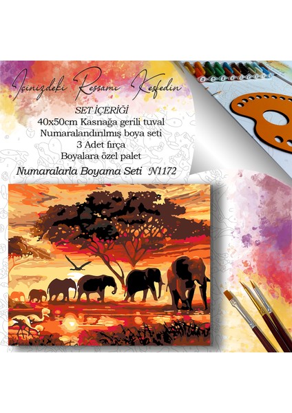 N1172 - Numaralı Boyama Seti - 40 x 50 cm Kasnağa Gerili Ürün - Günbatımında Filler fiyatları
