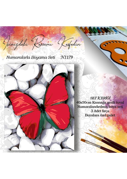 N1179 - Numaralı Boyama Seti - 40 x 50 cm Kasnağa Gerili Ürün - Taşlar ve Kelebek fiyatları