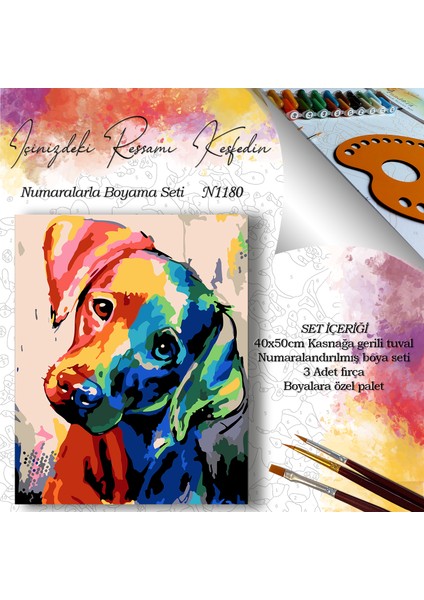 N1180 - Numaralı Boyama Seti - 40 x 50 cm Kasnağa Gerili Ürün - Renkli Köpek fiyatları