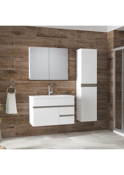 Alfa Banyo Esen Beyaz (80+35) 115 cm Boy Dolaplı Lüx Banyo Takımı