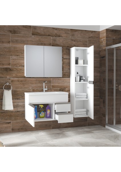 Alfa Banyo Esen Beyaz (80+35) 115 cm Boy Dolaplı Lüx Banyo Takımı