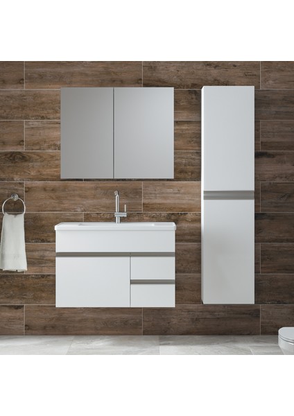 Alfa Banyo Esen Beyaz (80+35) 115 cm Boy Dolaplı Lüx Banyo Takımı