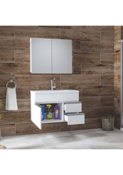 Alfa Banyo Esen Beyaz 80 cm lavabolu banyo dolabı Lüx Banyo Takımı