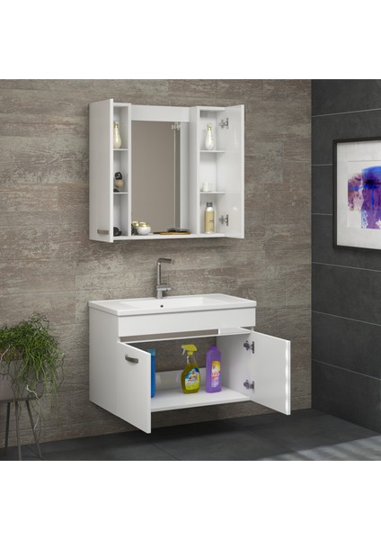 Safir Beyaz 80 cm lavabolu banyo dolabı -Banyo Takımı fiyatları