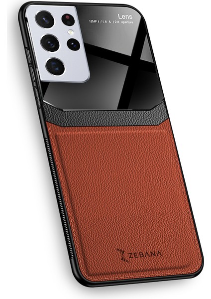 Samsung Galaxy S21 Ultra Kılıf Zebana Lens Deri Kılıf Kahverengi