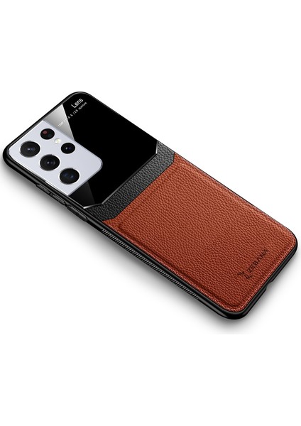 Samsung Galaxy S21 Ultra Kılıf Zebana Lens Deri Kılıf Kahverengi