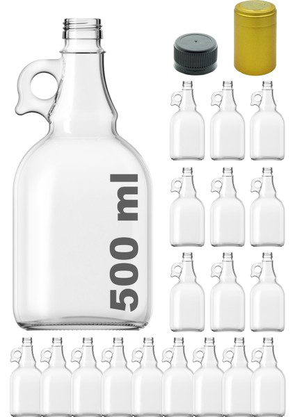 500 cc Şeffaf Galon Kilitli Kapaklı ve Kapüşonlu 500 ml Kulplu Cam Şişe 18 Adet