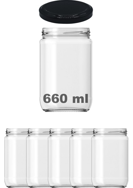 660 cc Kavanoz Metal Siyah Konserve Kapaklı 660 ml Şeffaf Cam Kavanoz 5 Adet