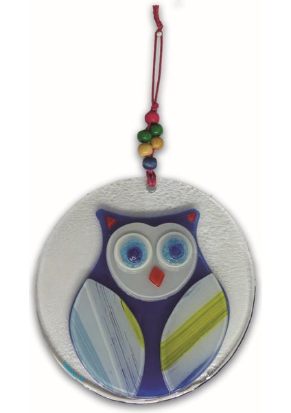 Cam Baykuş 16 cm Kapı Süs El Yapımı Mavi Duvar Süsü