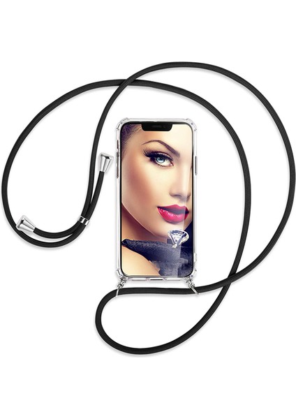 Apple iPhone SE 2020 Kılıf Boyun - Omuz Askılı Köşe Korumalı Siyah iPli Kordonlu Anti Şok Şeffaf Silikon