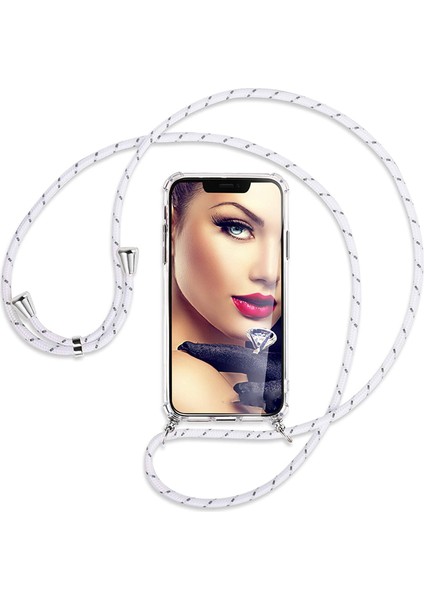 Apple iPhone 8 Kılıf Boyun - Omuz Askılı Köşe Korumalı Beyaz iPli Kordonlu Anti Şok Şeffaf Silikon