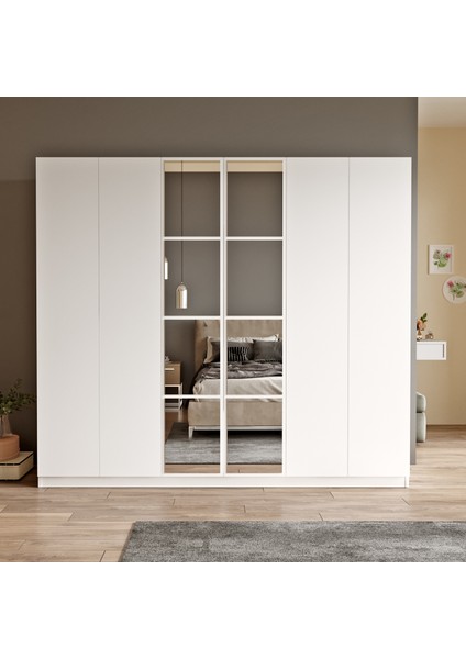 New Home Gardırop 6 Kapaklı Çekmeceli Aynalı Elbise Dolabı Beyaz Hm3-W