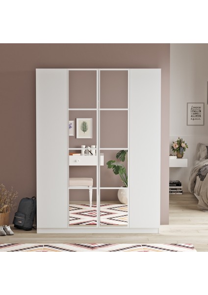 New Home Gardırop 4 Kapaklı Çekmeceli Aynalı Elbise Dolabı Hm2-W