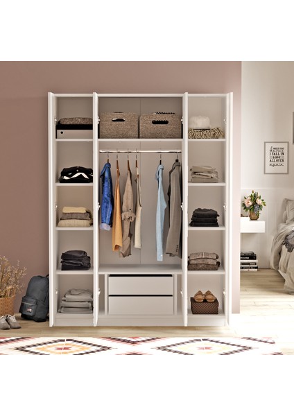 New Home Gardırop 4 Kapaklı Çekmeceli Aynalı Elbise Dolabı Hm2-W fırsatları