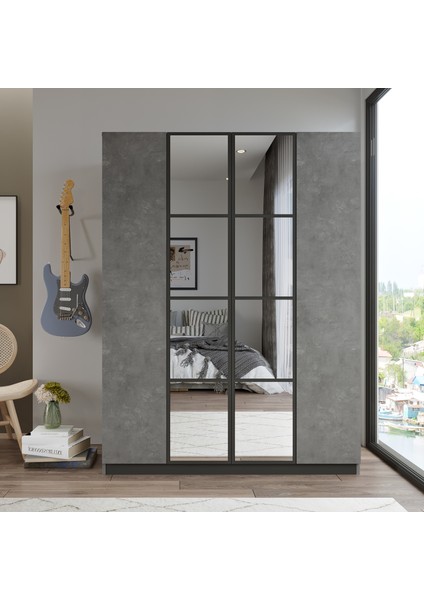 New Home 4 Kapaklı Çekmeceli Aynalı Gardırop Elbise Dolabı Beton Hm2-Rg