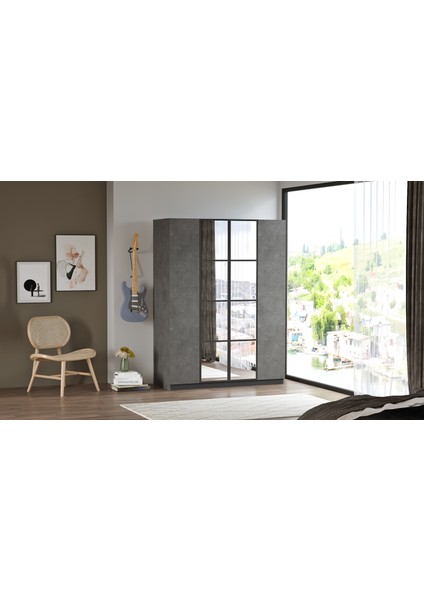 New Home 4 Kapaklı Çekmeceli Aynalı Gardırop Elbise Dolabı Beton Hm2-Rg modelleri