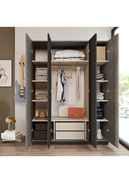New Home 4 Kapaklı Çekmeceli Aynalı Gardırop Elbise Dolabı Beton Hm2-Rg fırsatları
