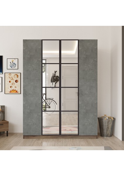 New Home 4 Kapaklı Çekmeceli Aynalı Gardırop Elbise Dolabı Beton-Kahve Hm2-Cg