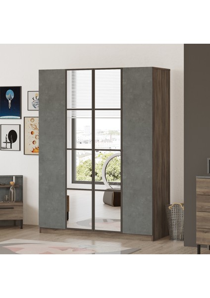 New Home 4 Kapaklı Çekmeceli Aynalı Gardırop Elbise Dolabı Beton-Kahve Hm2-Cg fiyatları