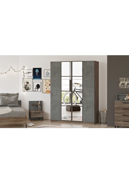 New Home 4 Kapaklı Çekmeceli Aynalı Gardırop Elbise Dolabı Beton-Kahve Hm2-Cg modelleri