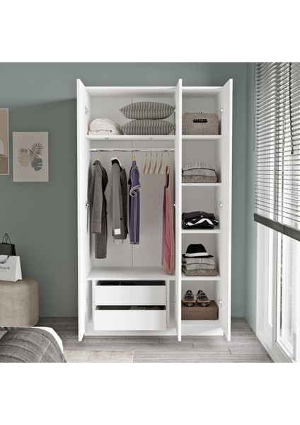 New Home 3 Kapaklı Çekmeceli Aynalı Gardırop Elbise Dolabı Beyaz Hm1-W fırsatları