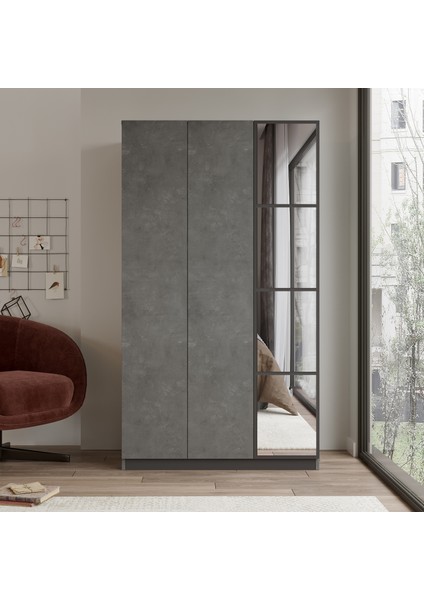 New Home 3 Kapaklı Çekmeceli Aynalı Gardırop Elbise Dolabı Beton Hm1-Rg